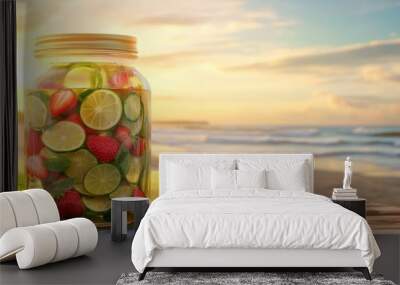 Cocktail with tropical fruit on the beach, sea or ocean. Vacation summer concept. generative AI. Wall mural