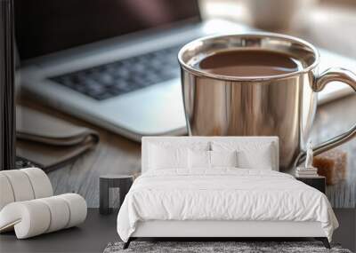 Coffee cup with stainless steel lid and laptop in the background Wall mural