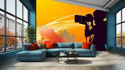 Colorful background with silhouette of photographer with camera. Wall mural