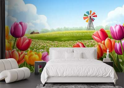 Colorful tulip fields under bright blue skies with a windmill under a colorful spring sky Wall mural