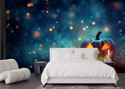 Dark background with smoke and sparks shows a pumpkin with a scary face Wall mural