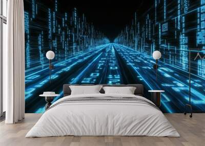 Data streaming down a digital road, binary data flowing - Concept for the Digital Code Road - 3D illustration Wall mural