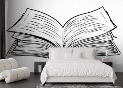 Doodle sticker with an open book illustration in black & white on a transparent background Wall mural