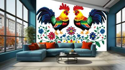 Embroidered ornament with cocks. Traditional folk floral. Modern illustration. Wall mural