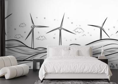 Featuring a single continuous line art wind generator, green energy electricity, windmill towers, and a black line modern illustration, the wind power illustration includes editable strokes. Wall mural