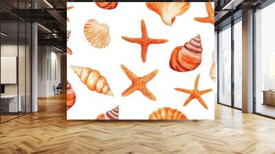 Featuring seashells and starfish on a white background, this watercolor artwork shows off the beauty of the sea Wall mural