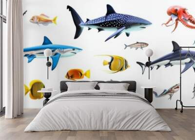 Fish, starfish, octopus, or sea turtle isolated on a blue background, underwater. Wall mural