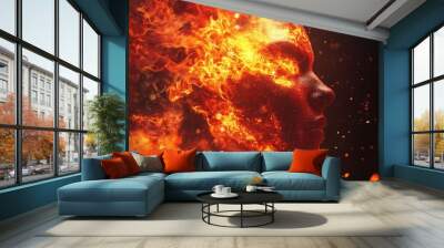 Flaming flames surround a woman's face in a fiery glow Wall mural