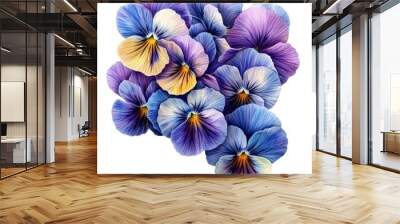 Flowers in a bouquet of yellow, orange and violet (viola arvensis, heartsease, violet, kiss-me-quick). Hand drawn botanical watercolor painting illustration isolated on white. Wall mural