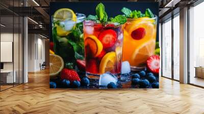 Fresh mint leaves and juicy raspberries adorn each of the glasses holding unique beverages Wall mural