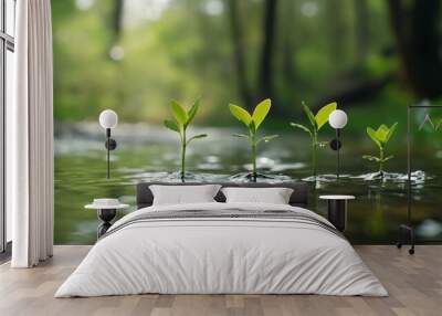 From a puddle of water emerges a small plant with lush green leaves Wall mural