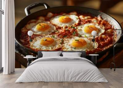 From the oven, hot shakshuka with eggs, tomatoes, and peppers Wall mural