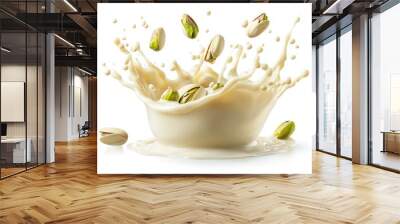 Green Milk wave passing over pistachio nut falling in the water, separated from background by pistachio nut. Wall mural