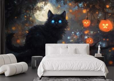 Halloween celebration with a pumpkin ghost cat in the forest 3D illustration Wall mural