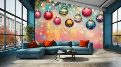 Hanging evergreen branches with festive lights and colorful ornaments creates a cheerful holiday ambiance Wall mural