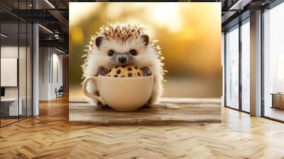 Hedgies enjoy cookies from a wooden table with a cup full of cookies. Wall mural