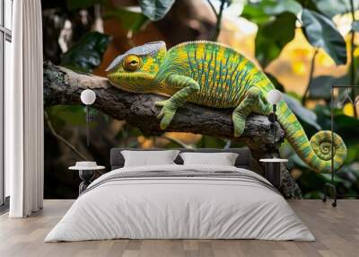 Illustration of an iridescent chameleon on a branch of a bush over a black background Wall mural