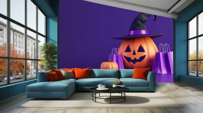 Illustration of Halloween Jack-o'-Lanterns in witch's hats on a purple background with shopping bags and banners. Happy Halloween concept. A traditional October holiday. Wall mural