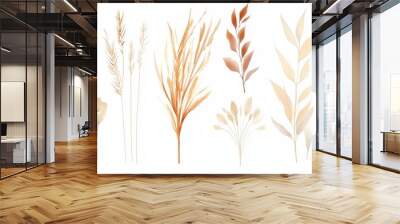 Illustration set of watercolor wildflowers in autumn fall. Dried flowers leaves branches. Yellow white silver dull background for wedding invitations or wallpapers. Wall mural