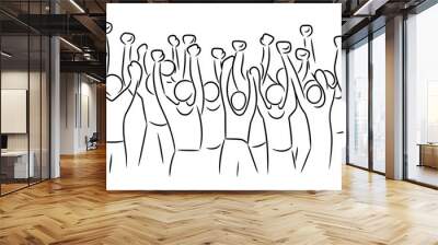 Illustration showing two young colleagues prancing with joy at the office together in a seamless line drawing. Business teamwork celebration illustration. Wall mural