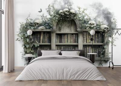 In a dark room, colorful old vintage magic books are displayed on a bookshelf. Wall mural