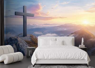 In a dramatic mountainous environment, a crucifix stands in a Christian atmosphere. Wall mural