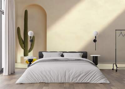 In a dry, arid landscape, a cactus and lime sit on a podium. Wall mural