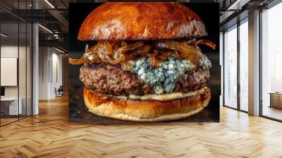 In a toasted brioche bun, a beef patty, tangy blue cheese, and caramelized onions make up this sophisticated blue cheese burger. Wall mural