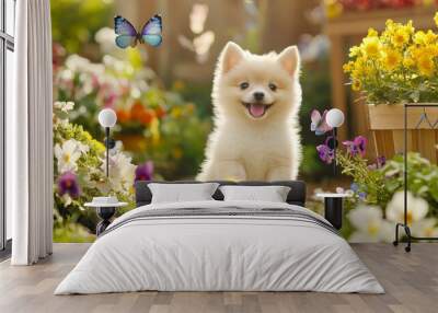 In a vibrant garden, a puppy enjoys a sunny day with colorful flowers and butterflies Wall mural