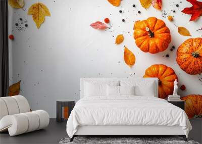 In autumn sunlight, two orange pumpkins stand out between fallen leaves Wall mural