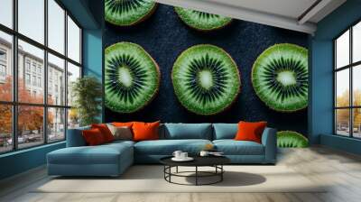 In close detail, sliced kiwi fruits are arranged on top of half the whole fruit, Wall mural