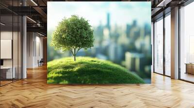 In the background, a blurry cityscape can be seen behind a lone tree on a hill. Wall mural