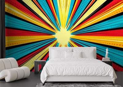 In the background, various Pixelas are arranged into an abstract burst of color. Wall mural