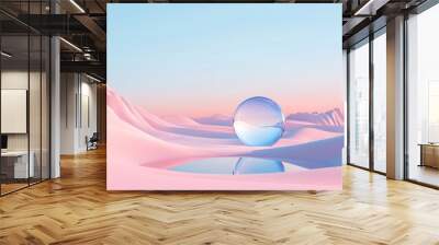 In this 3D rendering, we see a colorful grass land dune surrounded by a mirror glass circle with a beautiful sky background behind it. Wall mural