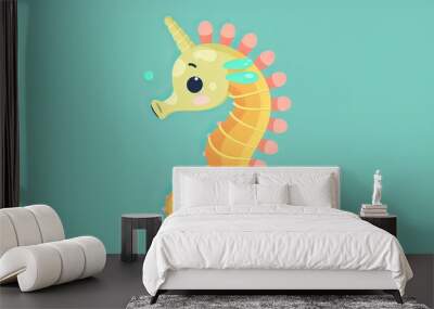 In this black and white illustration for coloring books, you can find a cute cartoon seahorse. Wall mural