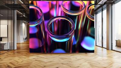 Intense depth of field with transparent iridescent glass curved stripe. Modern abstract backdrop. 3d render illustration. Wall mural