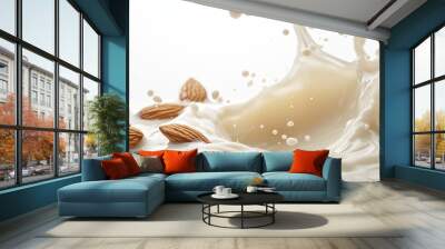 Isolated background shot of Almond milk flowing in the air, high nutrient drinks, liquid milk that has been poured. Wall mural