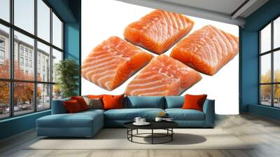 Isolated slices of salmon for steak on a background, a popular raw ingredient fish. Wall mural