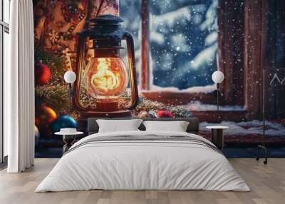 Lighting up a festive holiday setting with a holiday lantern and colorful decorations Wall mural