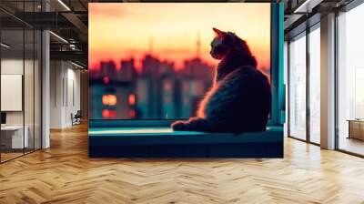 Looking out of the window indoors, a brown tabby cat with green eyes looks outside. Wall mural