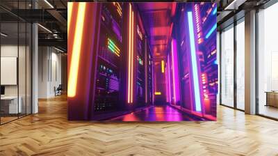 Luminescent lights and rows of servers adorn this futuristic server room. Wall mural