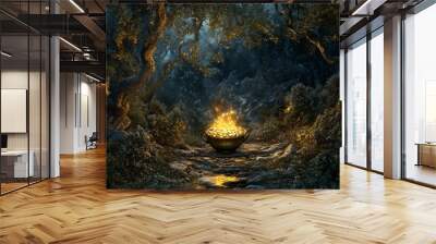 Luminous steam, glowing leaves, and a mystical cauldron in a dark forest Wall mural