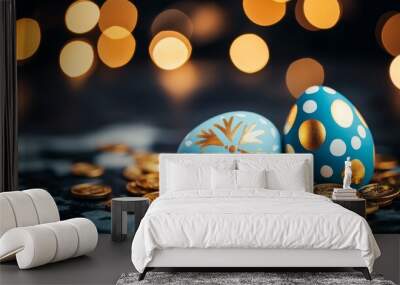 Obtainable festive background featuring bokeh lights, cascading confetti, and golden and blue balloons. Generative stock image. Wall mural