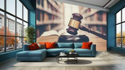 On a courthouse bookshelf, a wooden judge's gavel stands atop a law book publication. Wall mural