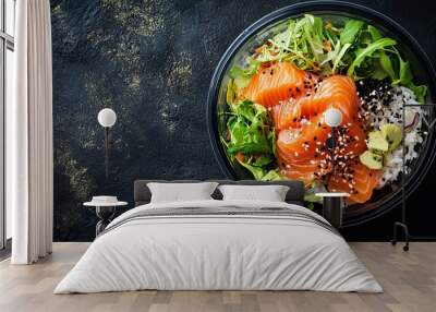 On a dark background, salmon, tomatoes, cucumbers, and rice are presented in a fresh salad bowl. Wall mural