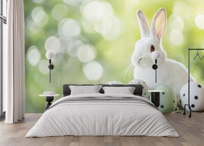 On a soft, blurred backdrop, we see a cute bunny carrying blue eggs. Wall mural