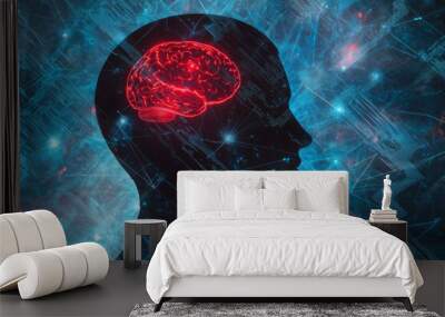 On a tech background, a digital human head profile is displayed with circuit patterns and glowing elements. Wall mural