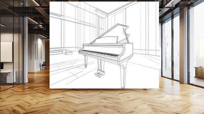 One-line illustration of a piano in an isolated linear design. Pianoforte silhouette. Sketch of acoustic musical instrument with minimalistic contours. Wall mural