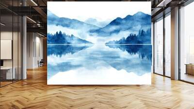 Painting of a landscape with islands in water using traditional Japanese ink wash techniques. Indigo watercolor silhouette of mountains on a lake. Blue shades. Artwork for a poster, card, banner, Wall mural