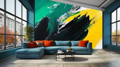 Painting texture with oil brushstrokes on canvas, rough green white gold abstract art painting Wall mural